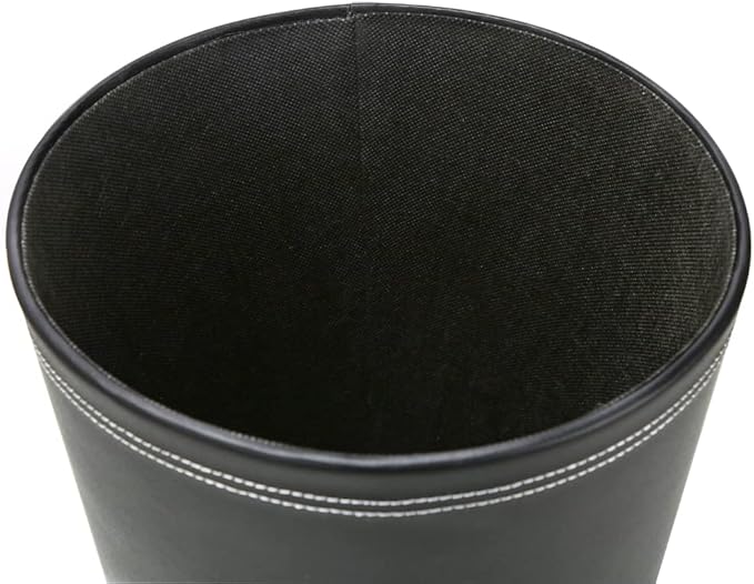 KINGFOM Classic Pu Leather Trash Can Wastebasket, Small Garbage Container Can for Bathrooms, Powder Rooms, Kitchens, Home, Office and and High Class Hotel Round Black