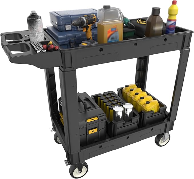 Heavy Duty Rolling Utility Cart with Wheels 2-Tier Utility Plastic Service Work Cart for Shop, Garage, Warehouse, Maintenance 550 lbs