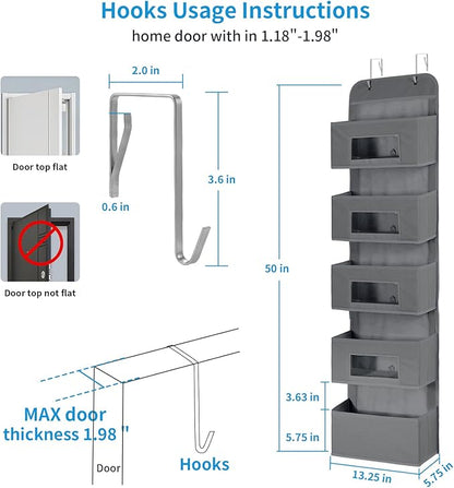 MAX Houser 5-Shelf Over The Door Hanging Organizer with 2 Metal Hooks, 5 Pocket Over The Door Wall Mount Storage with Clear Windows for Baby Nursery Bathroom Closet,Bedroom,Dorm,Diapers,Kids Toy(Gray)