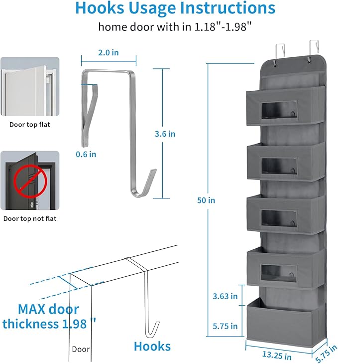 5-Shelf Over The Door Hanging Organizer with 2 Metal Hooks，5 Pocket Over The Door Wall Mount Storage with Clear Windows for Baby Nursery Bathroom Closet,Bedroom,Dorm (Gray-2 Pack)
