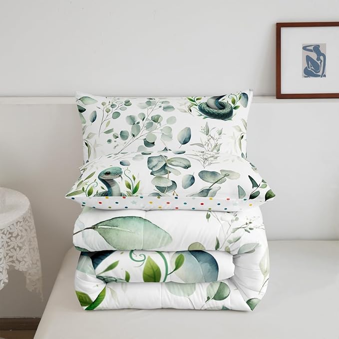 Erosebridal Cute Snake Bedding Queen Size for Kids Child Green Eucalyptus Comforter Set Queen, Wild Animal Duvet Insert Botanical Plant Leaves Quilt Set, Cartoon Wildlife Bedding Comforters & Sets