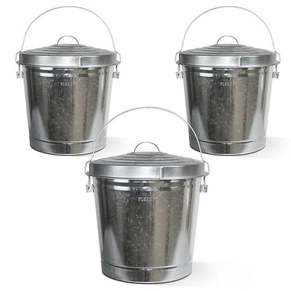 Plexon 10 Gallon Trash Can with Locking Lid Galvanized Metal Bucket for Poultry Feed Bird Seed Storage Ash Outside Garbage Can with Lid, 3 Pack