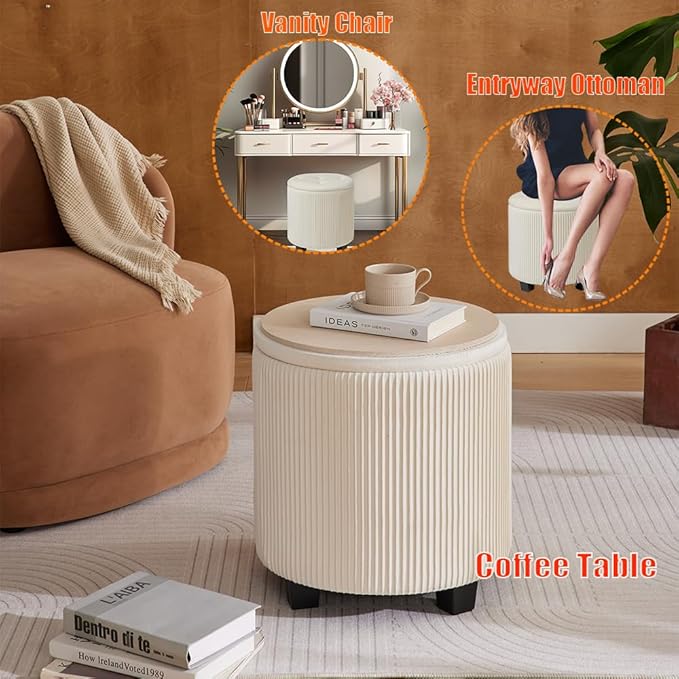 Big Round Ottoman with Storage Set of 2,Upholstered Velvet Vanity Stool for Makeup Multifunctional Foot Rest Coffee Table Padded Seat Tufted Ottomans for Living Room&Bedroom（White）