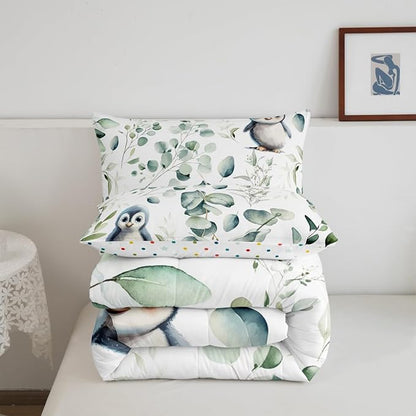 Erosebridal Cartoon Penguin Queen Bedding Sets Toddler Woodland Wildlife Comforter Set, Plant Down Comforter Eucalyptus Leaf Bedding Comforter Sets, Antarctic Animal Theme Duvet Insert Kids Room Decor