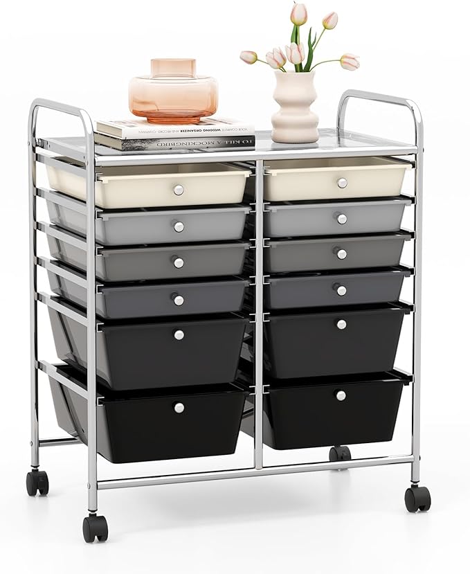 GOFLAME 12-Drawer Rolling Storage Cart, Multipurpose Organizer Cart with 2 Sizes Plastic Drawers, Mobile Utility Cart with Lockable Casters for School, Home Office, Beauty Salon, Gradient Grey