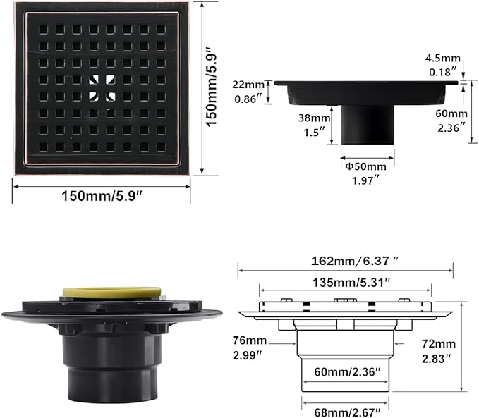 RANDOM 6 Inch Square Shower Floor Drain with Oil Rubbed Bronze Removable Quadrato Pattern Grate, PVC Shower Drain Base Flange,Include Hair Strainer,SUS 304 Stainless Steel
