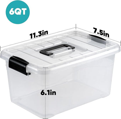 Nazhura Plastic Storage Bin, Stackable and Nestable Storage Boxes with White Lids and Secure Latching Buckles, Large Storage Container (CLEAR, 6QT 12PACK)