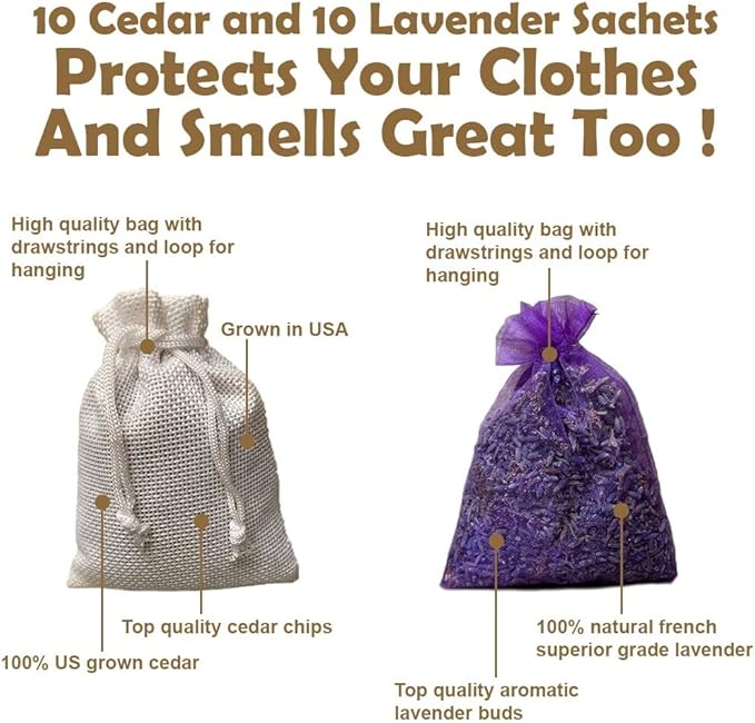 Cedar Chips and Lavender Sachets (20 Pack) - Stop Clothes Damage - Cedar and Lavendar Home Fragrance Sachets for Drawers and Closets