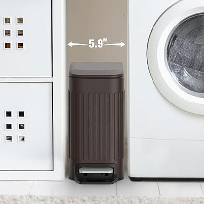 TrashAid Slim Bathroom Trash Can with Lid Soft Close, 6 Liter/1.6 Gallon Stainless Steel Small Garbage Can with Removable Inner Bucket, Step Pedal, Slim Wastebasket for Toilet, Office, Bedroom, Brown