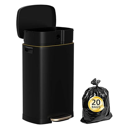 13 Gallon Trash Can with Lid, 50L Fingerprint Proof Stainless Steel Kitchen Trash Can with Removable Inner Bucket and Lid Soft Close, Pedal Rubbish Bin for Home Office, Black