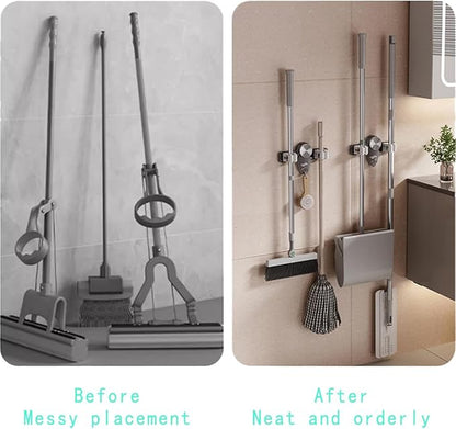 Mop and Broom Holder Wall Mount, No Punching Required Broom and Mop Organizer Wall Hanging with Hooks for Bathroom, Laundry Room, Garage, Kitchen,Garden Tool Organizer Storage (2pcs Gray)