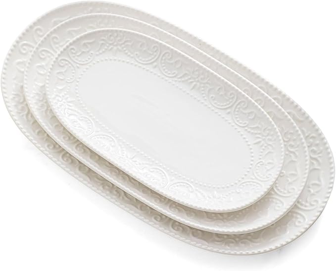 Oval Serving Platter, Embossed White Serving Plates, Stackable Porcelain Tray