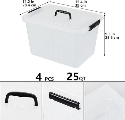 Zopnny 25 Quart Clear Storage Bin with Handle, Plastic Storage Latch Box with Lid, 4 Pack