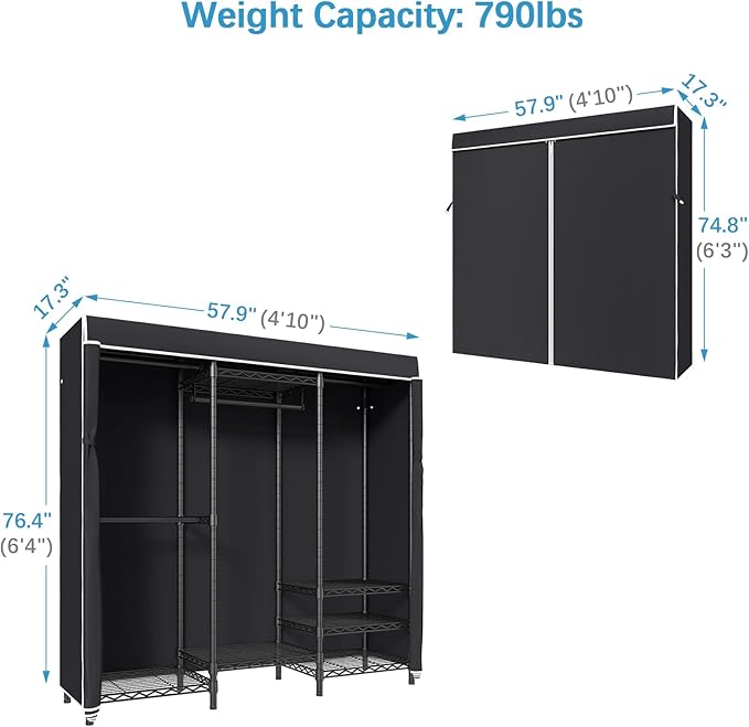 VIPEK V5C Covered Clothes Rack Heavy Duty Portable Closet Wardrobe, Freestanding Black Metal Clothing Rack with Black Dustproof Cover, Adjustable Custom Closet Rack, 57.9"L x 17.3"W x 76.4"H (Medium)
