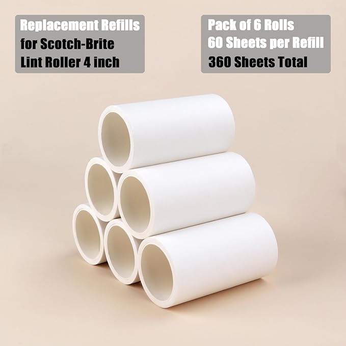 4 inch Lint Roller Refills Only Compatible with Scotch Brite Lint Roller Replacement Refills for Pet Hair Extra Sticky Everyday Clean Lint Remover Refills Pack of 6 Rolls Total 360 Sheets