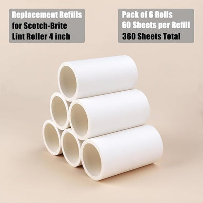 4 inch Lint Roller Refills Only Compatible with Scotch Brite Lint Roller Replacement Refills for Pet Hair Extra Sticky Everyday Clean Lint Remover Refills Pack of 6 Rolls Total 360 Sheets