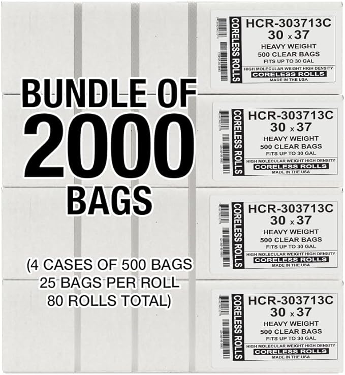 Aluf Plastics High Density Trash Bags, 20-30 Gallon, 2000 Count, 13 Micron (eq), 30" x 37", Clear, for Bathroom, Office, Industrial, Commercial, Janitorial, Municipal, Recycling
