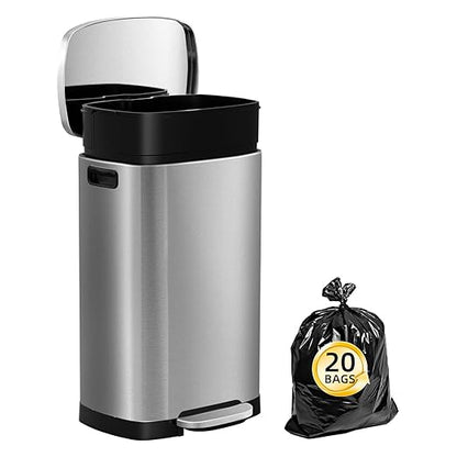 13 Gallon Trash Can with Lid, 50L Fingerprint Proof Stainless Steel Kitchen Trash Can with Removable Inner Bucket and Lid Soft Close, Pedal Rubbish Bin for Home Office
