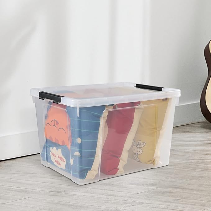 4 Pack Clear Storage Latch Bin with Lid, 34 L Plastic Wheeled Storage Box