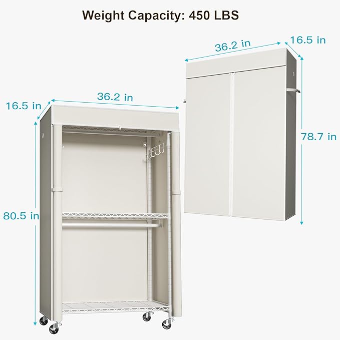 FUTASSI White Clothing Rack with Beige Cover, P1C Rolling Closets with Wheels, Metal Garment Rack for Hanging Clothes, Clothing Storage Wardrobe, 36.2" W x 16.5" D x 80.5" H, Load 450 Pounds