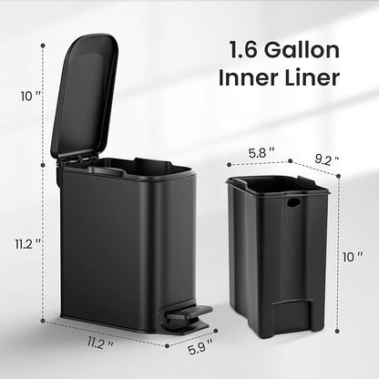 Cesun Small Bathroom Trash Can with Lid Soft Close, Step Pedal, 6 Liter / 1.6 Gallon Stainless Steel Garbage Can with Removable Inner Bucket, Anti-Fingerprint Finish (Matt Black)