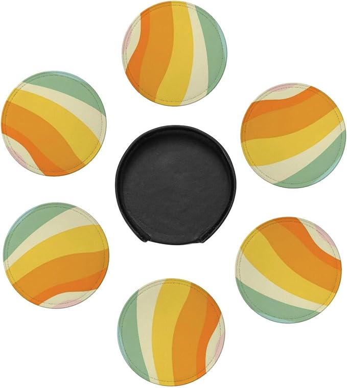6 Pcs Groovy Retro 70s Style Cute Abstract Leather Coasters