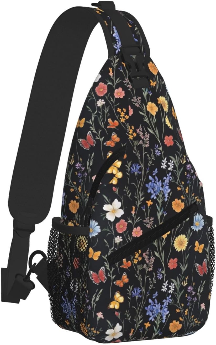 SUPLUCHOM Sling Bag Vintage Botanical Flower Wildflower Hiking Daypack Crossbody Shoulder Backpack Travel Chest Pack for Men Women