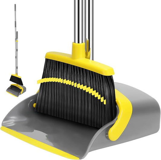 NACENA Broom and Dustpan Set, 55-in Long Adjustable Handle Broom Dustpan Combo with Dustpan Teeth to Automatically Clean Hair Suitable for Home Kitchen Office Hall Floor, Large(Grey&Yellow)