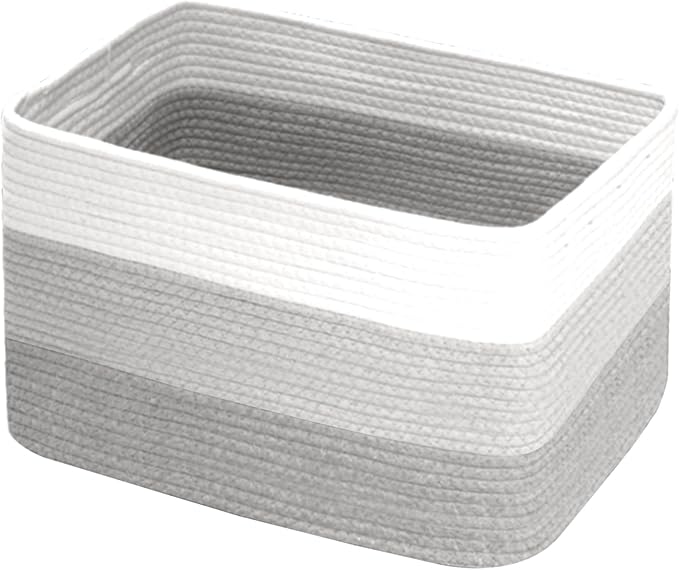 Hopegiver Woven Storage Baskets 15x11x10 Inch, 1 Pack Collapsible Cube Storage Bin for Shelves - Foldable Cotton Rope Organizer Bins for Towels, Toys, Books, Closet, Nursery (White Light-Gray Gray)