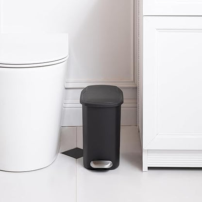 Amazon Basics Compact Plastic Bathroom Trash Can with Hands Free Foot Pedal, Quiet Close Step-On, 6 Liters, Black, Lid Included