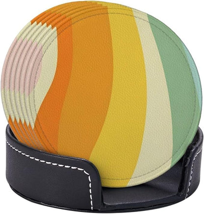 6 Pcs Groovy Retro 70s Style Cute Abstract Leather Coasters
