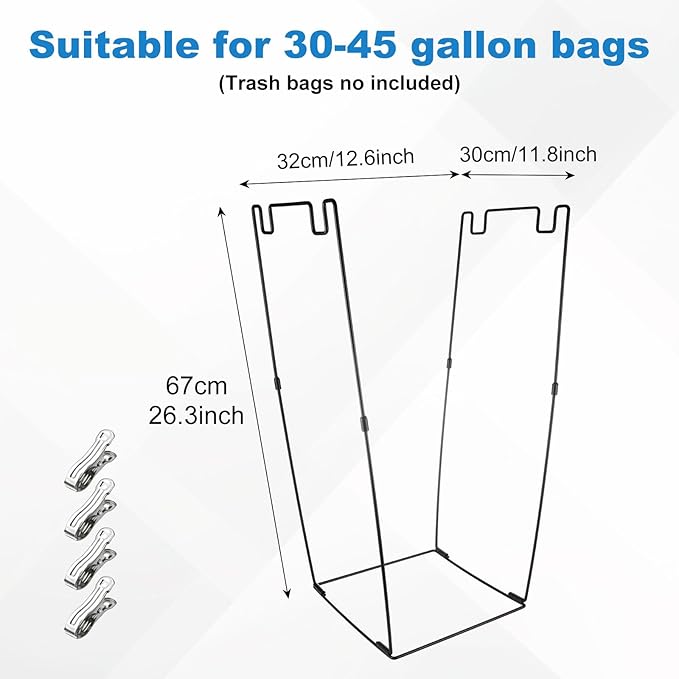 2 Pack Metal Trash Bag Holder, Garden Garbage Bag Holder for 30-45 Gallon Bags for Leaves, Yard Weeding, Camping, Lawn Party - Multi-Use Outdoor (Black with 8 clips)