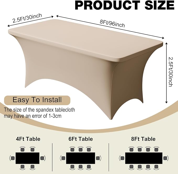 Trlyc 1 Pack 8FT Spandex Table Cloth - 96 x 30 Inch Rectangular Stretch Tablecloth, Wrinkle Resistant Scretch Table Cover for Wedding, Party, Banquet, Picnic, Outdoor Decoration (1Pcs,Champagne)