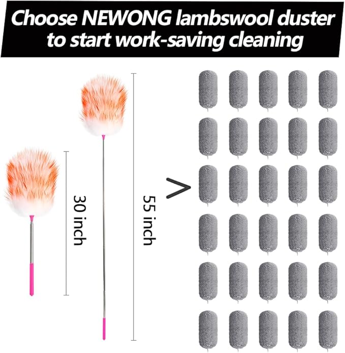 5PCS Extendable Lambswool Duster with 35-55 Inch Adjustable Aluminum Handle,Feather Duster Static Electricity Dust Adsorption, Reusable Cleaning Tool for Home, Car, Office, Ceiling, Furniture