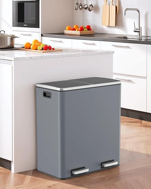 AthLike 60L(16 Gal ) Dual Trash Can, Stainless Steel Kitchen Garbage Can, Double Compartment Classified Rubbish Bin, Recycle Dustbin w/Plastic Inner Buckets, Handle, Soft-Close Lid, Airtight, Grey