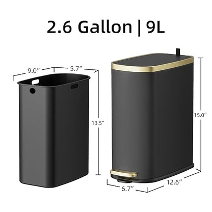 KUK Small Bathroom Trash Can with Lid Soft Close, Step Pedal, 2.4 Gal Stainless Steel Garbage Can with Removable Inner Bucket, Anti-Fingerprint Wastebasket for Office, Bedroom, Toilet (Black)