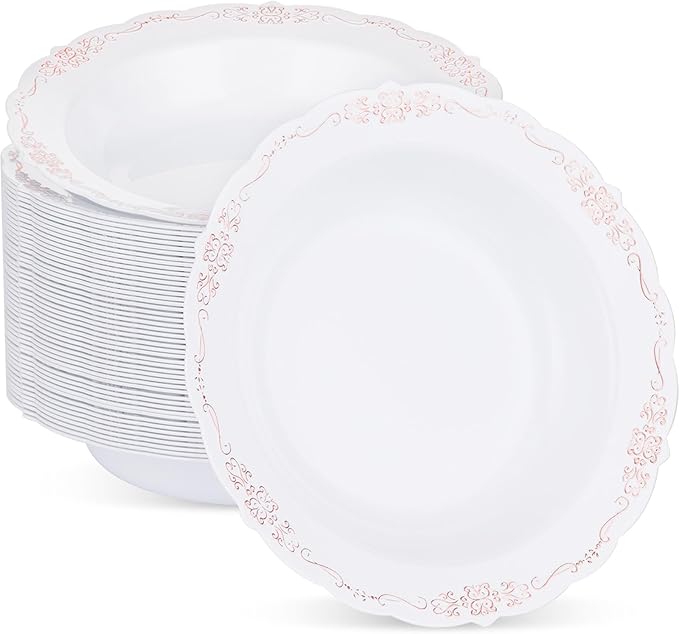 50 Pack White Plastic Bowls with Rose Gold Rim, 12oz Plastic Dessert Bowl, Bowls Disposable Heavy Duty for Hot Soup, Dessert, Salad, Cake, Ice Cream, Fruit