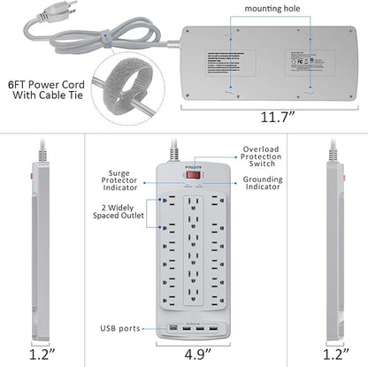 18 Outlets Surge Protector Power Strip - 6 Feet Flat Plug Heavy Duty Extension Cord with 18 Widely Outlets and 4 USB Ports, 2100 Joules, Grey, ETL Listed