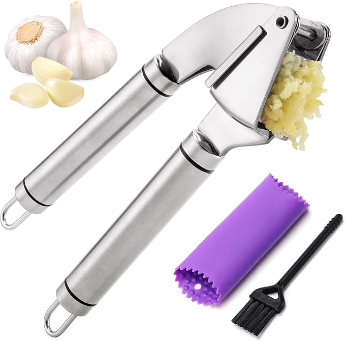 Garlic Press Mincer, 304 Stainless Steel Garlic Press with Garlic Peeler Tube, Heavy Duty Metal Ginger Press, Silver