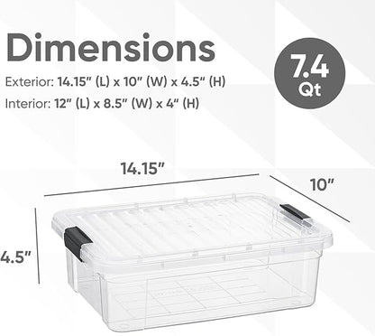 Superio Storage Bins with Lids- 4 Pack, 7.4 Qt Clear Boxes for Organizing, Stackable Plastic Containers- BPA Free, Non-Toxic, Odor Free, Organizer for Home, Office, Dorm