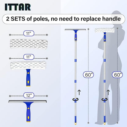 ITTAR Window Squeegee with 2 Sets Stainless Steel Pole, Squeegee Cleaning Tools with Microfiber Pads, 60"-72" Telescopic Window Washing Kit, Professional Squeegee Cleaner for Home Car Outside Glass
