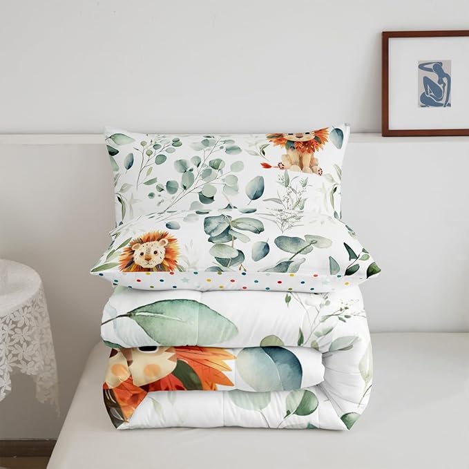 Erosebridal Cute Lion King Size Comforter Set for Kids Child Green Eucalyptus Bedding Set, Woodland Animal Down Comforter Botanical Plant Leaves Bed Set, Cartoon Wildlife Quilted Duvet