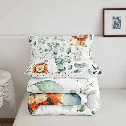 Erosebridal Cute Lion King Size Comforter Set for Kids Child Green Eucalyptus Bedding Set, Woodland Animal Down Comforter Botanical Plant Leaves Bed Set, Cartoon Wildlife Quilted Duvet