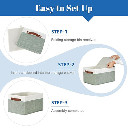 Temary Storage Bins Storage Baskets 4Pack Fabric Storage Bins for Shelves with Dual Leather Handles Canvas Storage Boxes for Organizing Home, Shelf, Closet (White&Green)