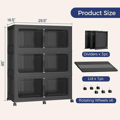 120GAL Extra Large Storage Bins with Lid, 480Qt Stackable Closet Organizers and Drawers, Collapsible Storage Bins with Wheels, Folding Storages Cabinet for Home Bedroom Office, 3Pack Black