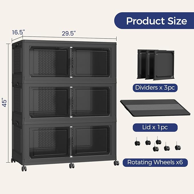 120GAL Storage Bins with Lid and Wheels, Stackable Closet Organizers and Storage Drawer, Collapsible Storage Box with Dividers, Foldable Plastic Cabinets Cubes Totes for Garage, 3 Pack Black