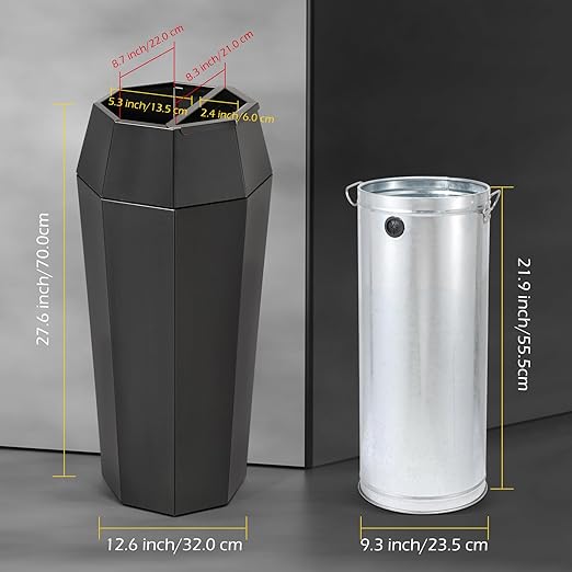 Dyna-Living Commercial Heavy-Duty Trash Cans Outdoor Garbage Can with Lid Large Trash Cans with Inside Cabinet for Patio, Black Stainless Steel Garbage Can Commercial Indoor Trash Bin for Lobby