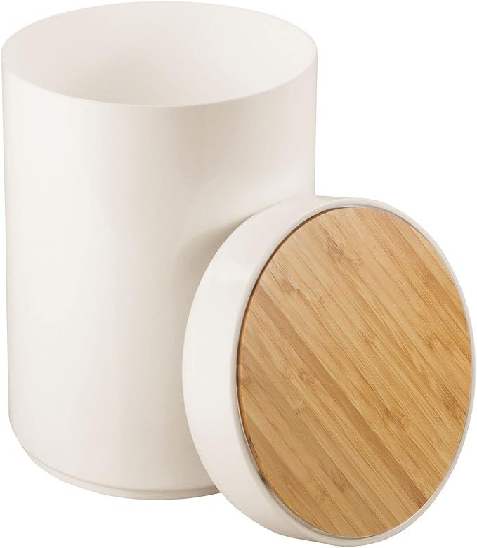 mDesign Plastic Round Trash Can Small Wastebasket - Garbage Bin Container with Swing-Close Lid - Bathroom Garbage Basket - Holds Waste, Recycling - 1.3 Gallon - Basa Collection - Cream/Beige/Natural