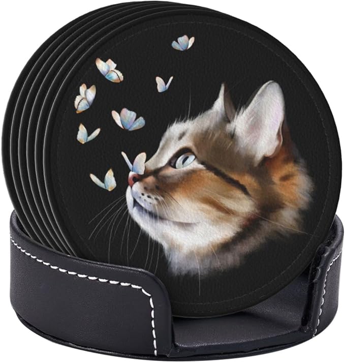 6 Pcs Portrait Cat with Butterflies Leather Coasters