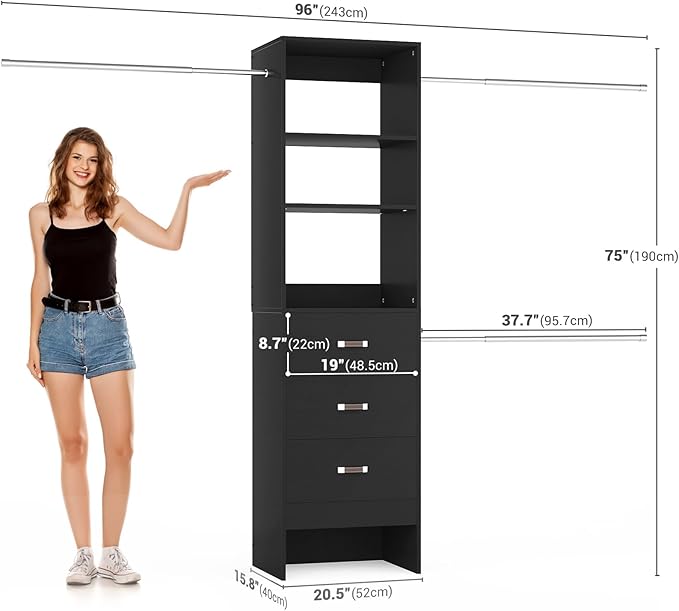 96'' Closet Organizer System with 3 Hanging Rods (Without 3 Storage Shelves), 8FT Closet Systems, Wall Mount Bedroom Wardrobe with 3 Wood Drawers, Adjustable Garment Rack from 5 to 8FT, Black